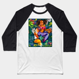 Mermaid checking her phone with Koi fish in koi pond with plants and flowers Baseball T-Shirt